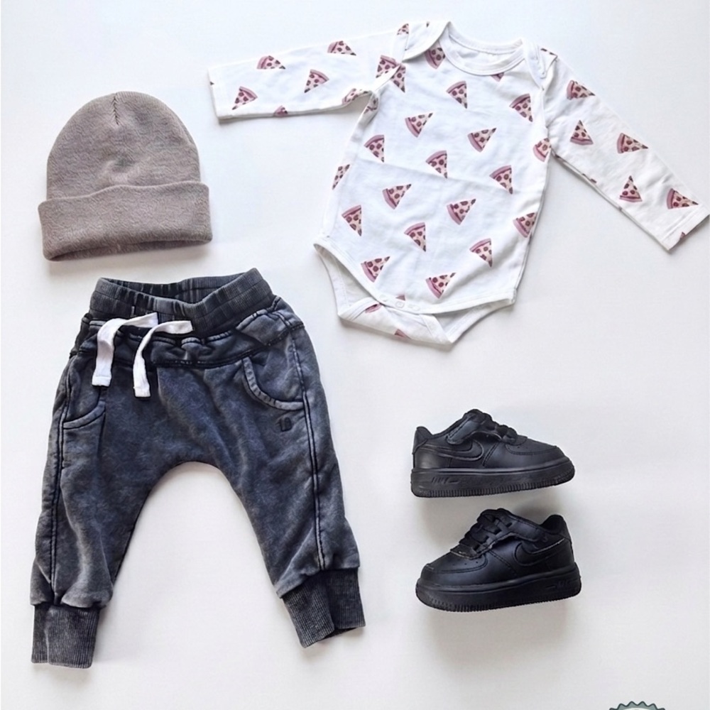 Pizza Long Sleeve Bodysuit and Black Jogger Pant (beanie & shoes not included)